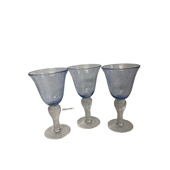 3 Artland Iris Light Blue Hand Blown Bubble Glass Bulbous Clear Stem Goblets - Picture 1 of 15